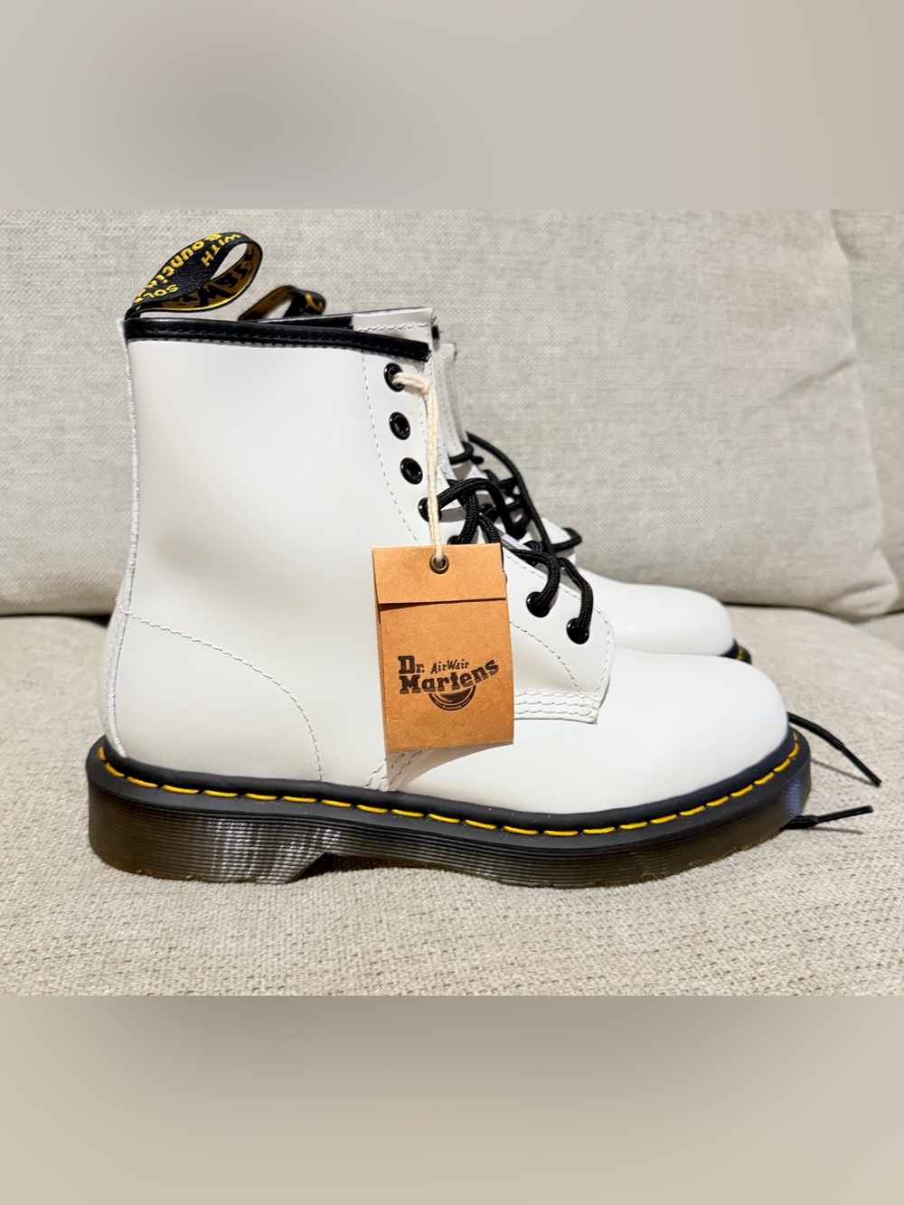 Dr. Martens White 8-Eye Lace-Up Combat Boots with Black Trim